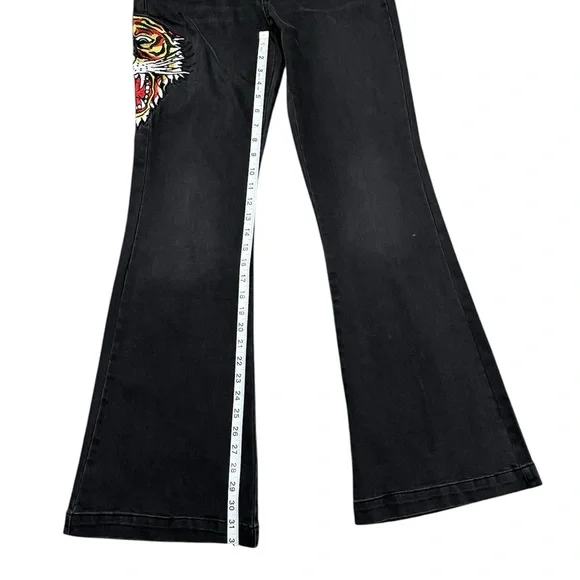 Y2K Ed Hardy Women's Biker Chic Black Denim Tiger head Slim Flare Jean Size: 30 - Picture 8 of 12